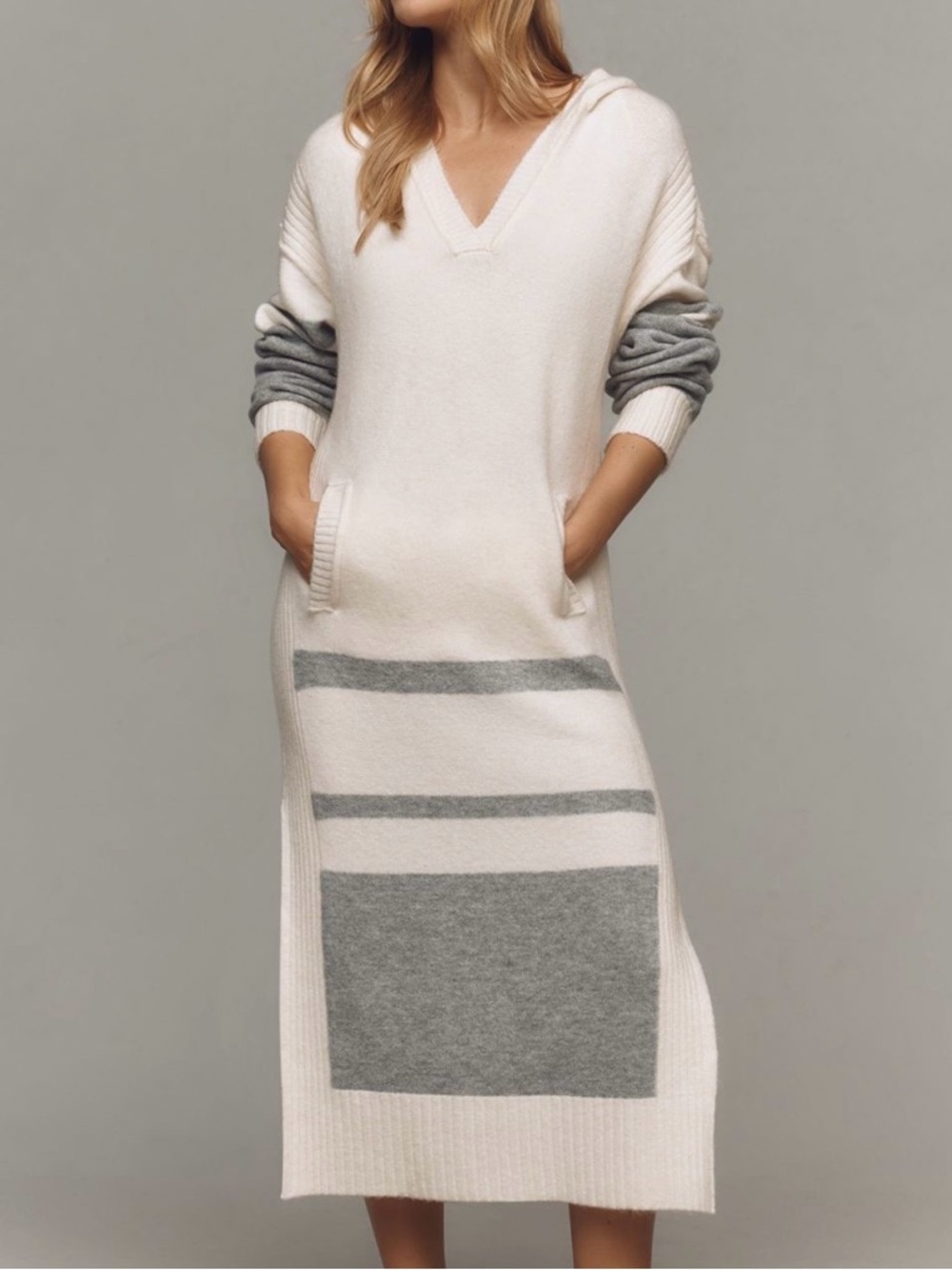 Daily Practice by Anthropologie V-Neck Relaxed Maxi Dress in Cream and Gray